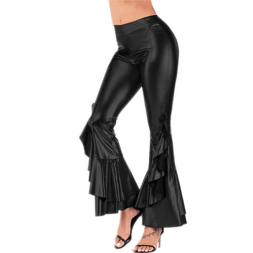Wholesale Faux Leather Irregular Flared Trousers Nightclub Wide Leg Pants PQTK03