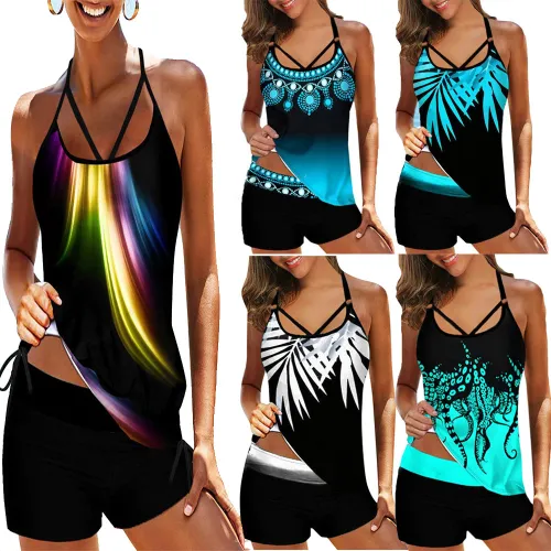 Women Halter Tankini Digital Print Swimsuit Sexy Swimwear PQ2202