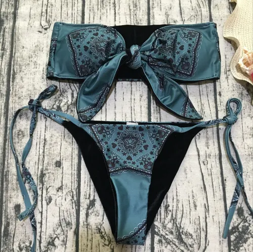 Vintage Print Bikini Set Women Ties Swimwear Bandeau Swimsuit PQ8704
