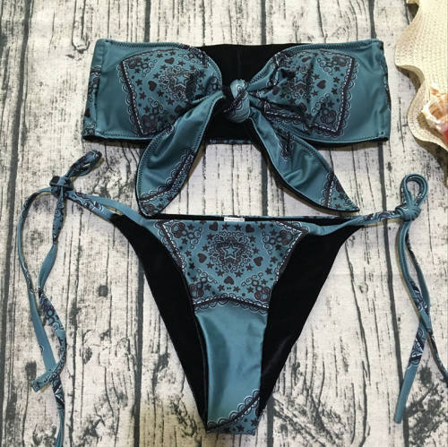 Vintage Print Bikini Set Women Ties Swimwear Bandeau Swimsuit PQ8704