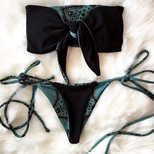 Vintage Print Bikini Set Women Ties Swimwear Bandeau Swimsuit PQ8704