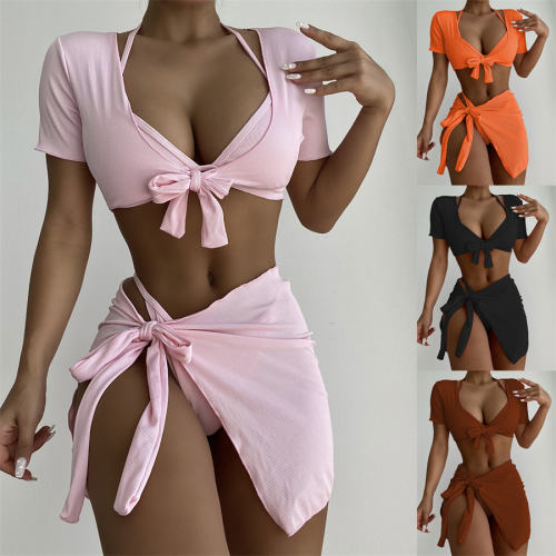 4pcs Sexy Bikini Solid Color Swimwear Women Swimming Equipment PQ6314