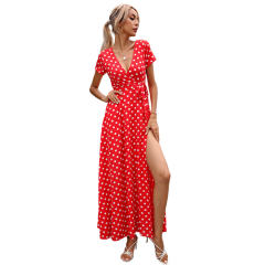 Fashion V-neck Maxi Dresses Women Polka Dot Casual Boho Dress PQ109365