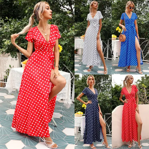 Fashion V-neck Maxi Dresses Women Polka Dot Casual Boho Dress PQ109365