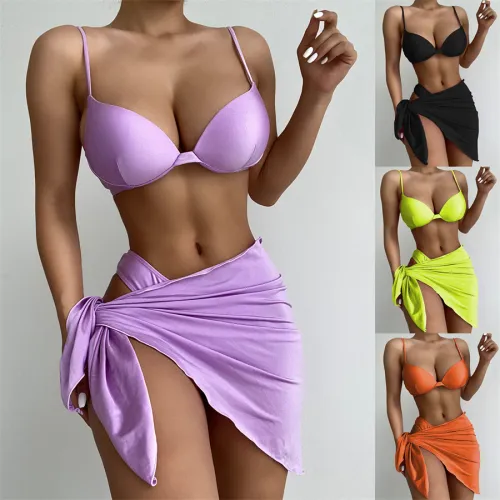3pcs Push Up Bikini Solid Color Swimwear Women Swimming Equipment PQ6318