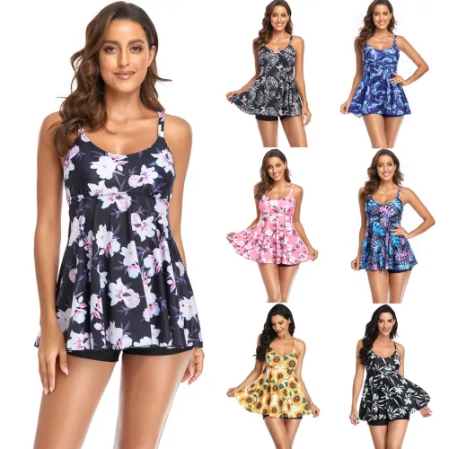 Spaghetti Strap Swim Dress Floral Print Tankini Women Swimsuit PQ145
