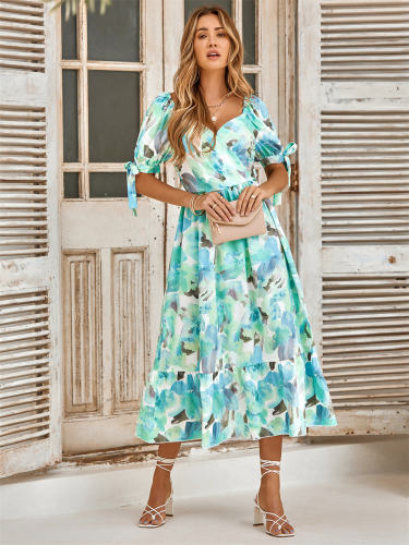 Short Sleeve Casual Dress Women Floral Print Maxi Dresses PQLQ231