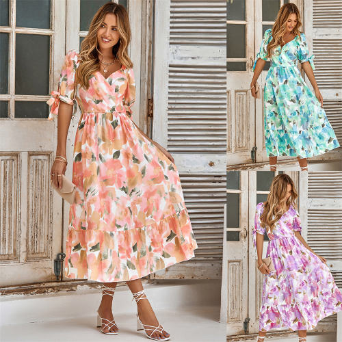 Short Sleeve Casual Dress Women Floral Print Maxi Dresses PQLQ231