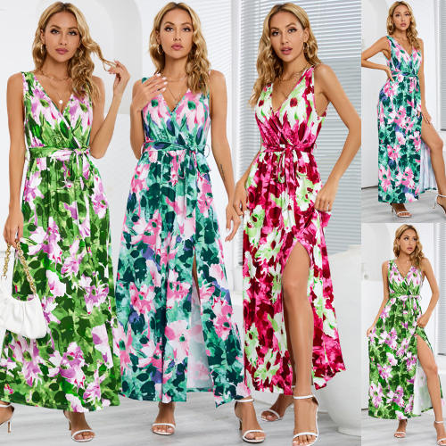 Fashion V-neck Maxi Dresses Women Floral Printed Casual Dress PQLQ488