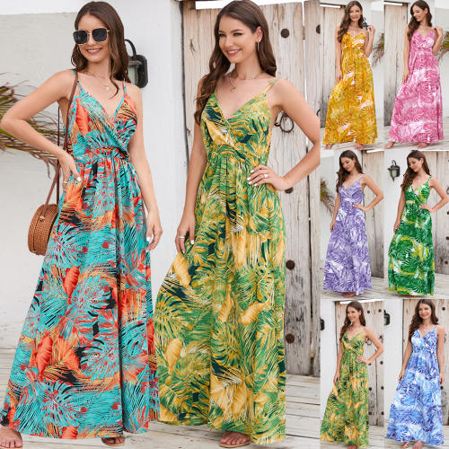 Women Floral Printed Casual Dress Fashion V-neck Maxi Dresses PQLQ479