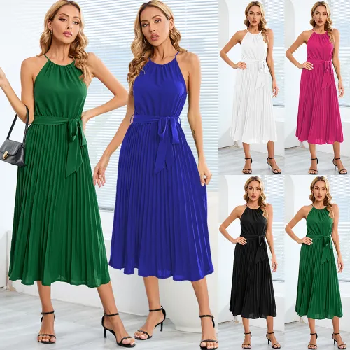 Halter Slim Pleated Midi Dress Women's Casual Dresses PQLQ566