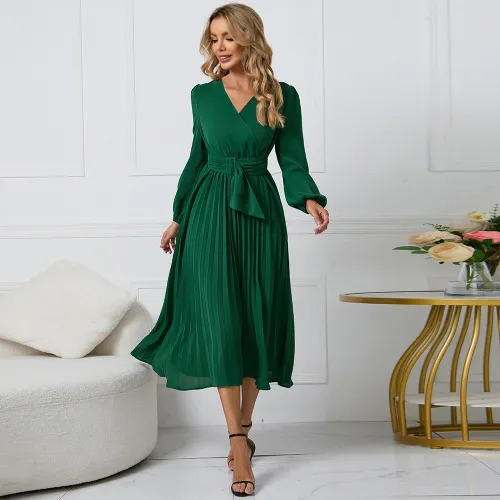 Long Sleeve Slim Pleated Dress Women's Casual Dresses PQLQ469