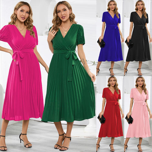 Short Sleeve Pleated Midi Dress Women Casual Summer Dresses PQLQ567