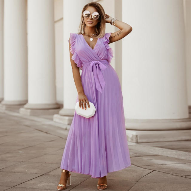 Sleeveless Slim Pleated Maxi Dress Women Casual Summer Dresses PQLQ216