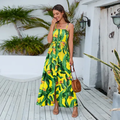 Women Floral Print Casual Dress Fashion Spaghetti Strap Maxi Dresses PQLQ486