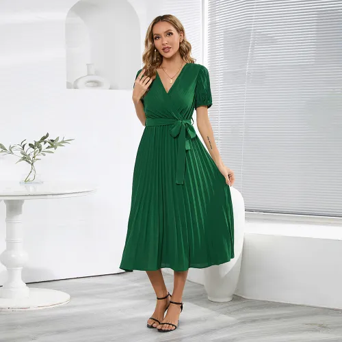 Short Sleeve Pleated Midi Dress Women Casual Summer Dresses PQLQ567