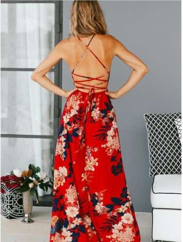 Floral Print Casual Boho Dress Women Spaghetti Strap Maxi Dresses PQ8009