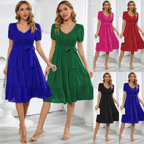 Women Casual Summer Dresses Short Sleeve Pleated Midi Dress PQLQ575