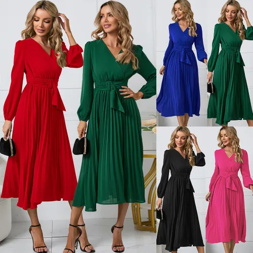 Long Sleeve Slim Pleated Dress Women's Casual Dresses PQLQ469