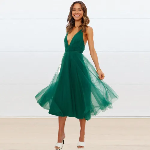 Sexy V-neck Chiffon Midi Dress Women's Casual Dresses PQLQ235
