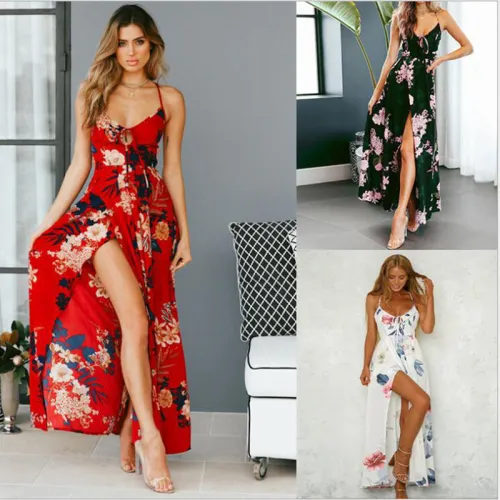 Floral Print Casual Boho Dress Women Spaghetti Strap Maxi Dresses PQ8009