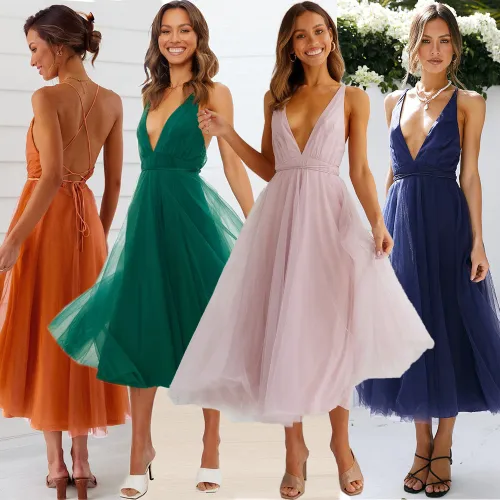 Sexy V-neck Chiffon Midi Dress Women's Casual Dresses PQLQ235