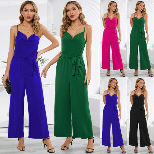 Solid Color Spaghetti Strap Streetwear Women Summer Jumpsuit PQLQ558