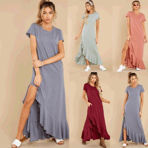 Short Sleeve Maxi Dresses Women Solid Color Boho Dress PQLQ099A