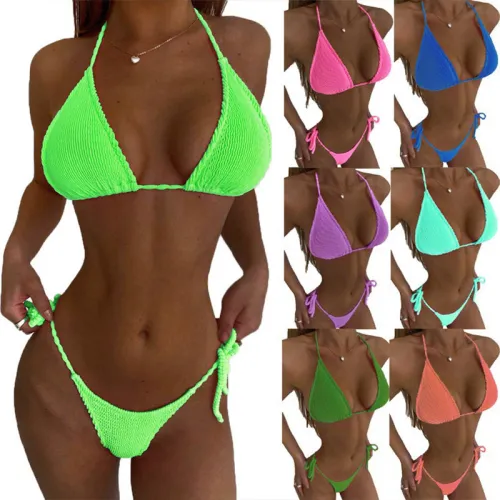 Solid Color Bikini Set Women Sexy Swimwear Halter Beach Wear PQ1611
