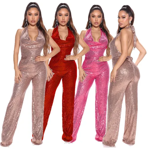Sexy Sequin Jumpsuit High Waist Halter Rompers Women PQ8867