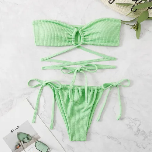 Green Bikini Set Women Bandeau Swimsuit Ties Swimwear PQ37556