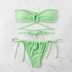 Green Bikini Set Women Bandeau Swimsuit Ties Swimwear PQ37556