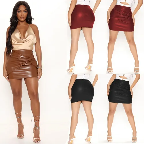 Faux Leather PU Skirt Wrinkle Sexy Dresses Club Wear PQD27