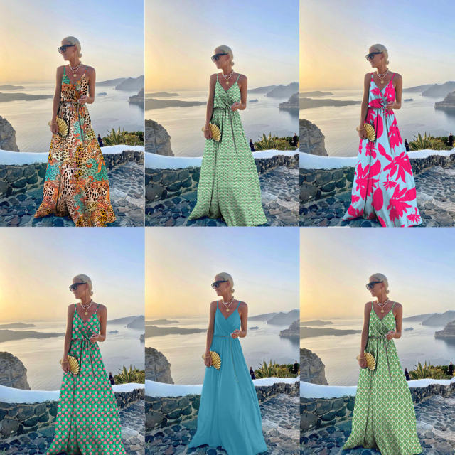 Women Casual Boho Dresses Spaghetti Strap Summer Maxi Dress PQ220620