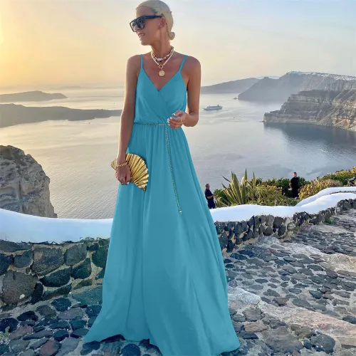 Women Casual Boho Dresses Spaghetti Strap Summer Maxi Dress PQ220620