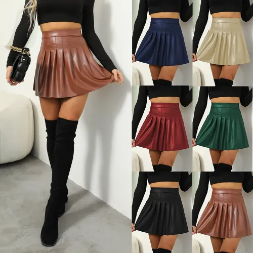 Faux Leather Pleated Skirt PU Sexy Dresses Club Wear PQD14