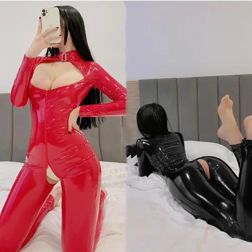 Wetlook Faux Leather Jumpsuit PU Sexy Catsuit Women W68039