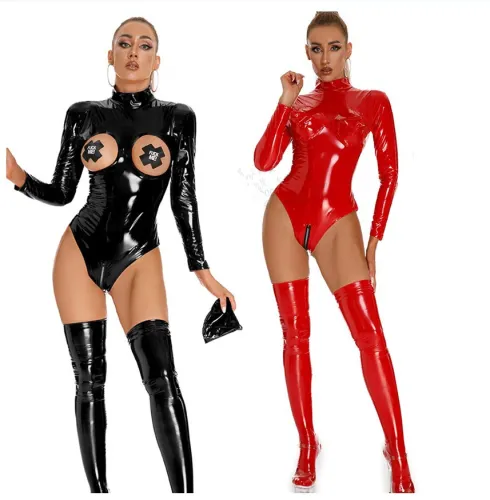 Wetlook PU Sexy Bodysuit For Women Faux Leather Teddies Lingerie PQ6851