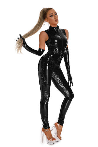 Female Sexy PU Catsuit Faux Leather Jumpsuit Plus Size Zentai Women PQ6845