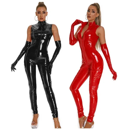 Female Sexy PU Catsuit Faux Leather Jumpsuit Plus Size Zentai Women PQ6845