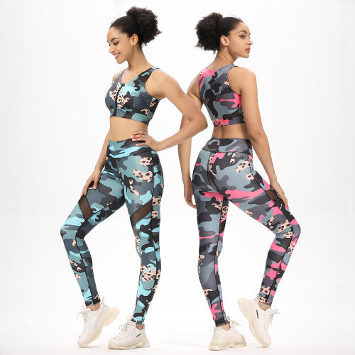 Leopard Camouflage Print Yoga Outfit Sexy Ladies Workout Leggings With Tops PQ9700