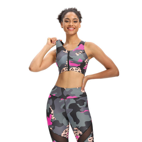 Leopard Camouflage Print Yoga Outfit Sexy Ladies Workout Leggings With Tops PQ9700