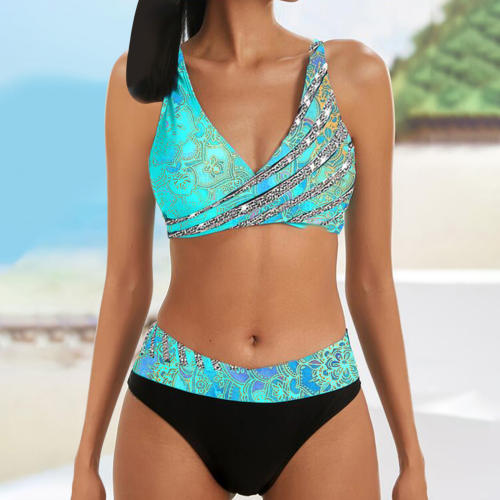 Digital Printed Bikini Set For Lady Beach Equipment Retro Swimming Suit Women PQ22150