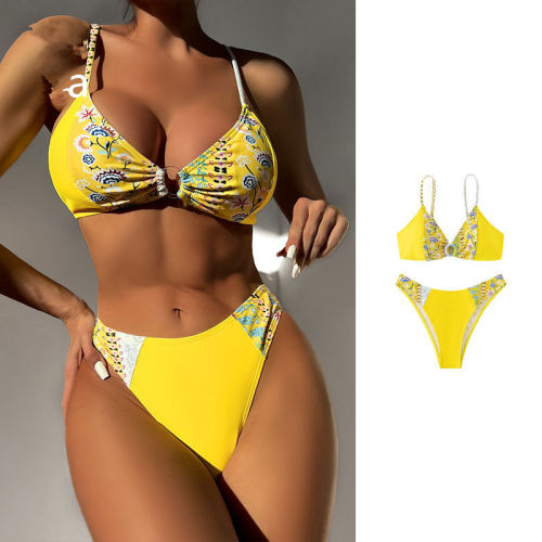 Yellow Floral Bikinis Set For Lady Water Sports Wear Beach Equipment PQ8198