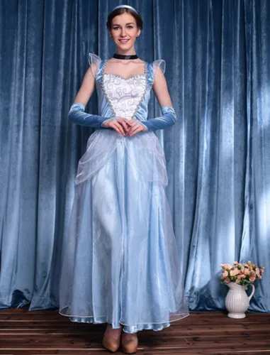 Blue Satin Snow Princess Fancy Dress For Women Cartoon Movie Costume PQ9243B