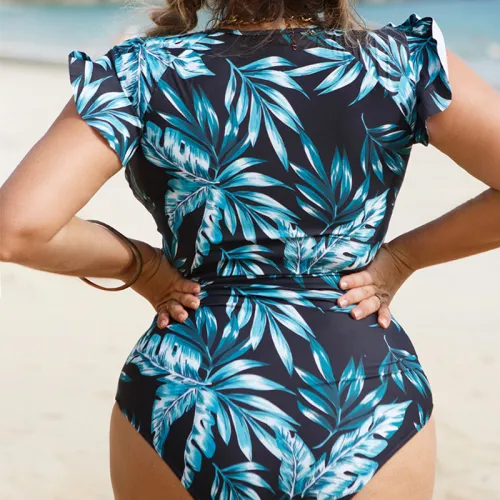Leaf Printed One-Piece Suits For Big Woman Plus Size Monokini Front Zipper Swimwear PQ9403