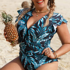 Leaf Printed One-Piece Suits For Big Woman Plus Size Monokini Front Zipper Swimwear PQ9403