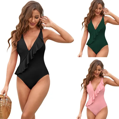 Ruffle Trim One Piece Swimsuit Digital Print Monokini Women Swimwear Beachwear PQ220