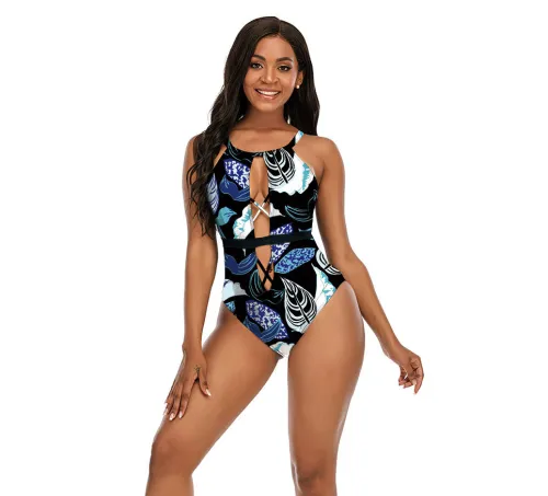 Leaf Print One Piece Swimsuit Women Oversize Vintage Swimwear Fashion Monokini PQ2114