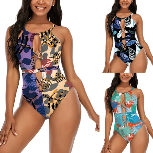 Leaf Print One Piece Swimsuit Women Oversize Vintage Swimwear Fashion Monokini PQ2114